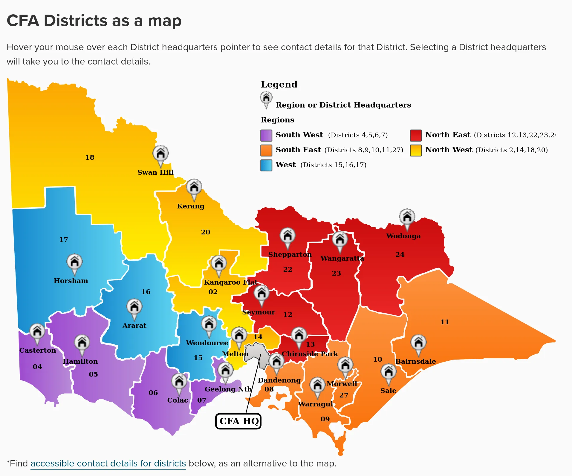 Map of Victoria showing the current CFA district boundaries and their respective region colours